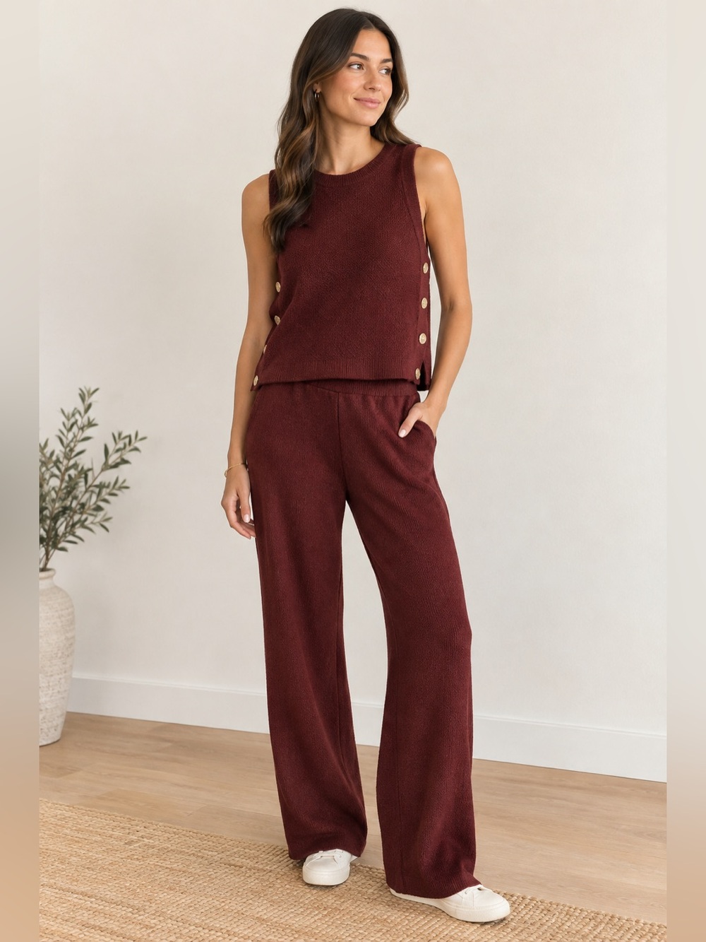 Marled Reunited | Brown Knit Lounge Set | Wide Leg Pants | Small